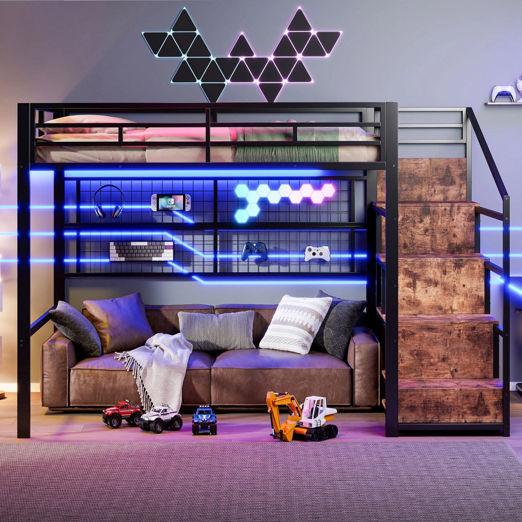 Letto a Soppalco con Armadio e LED ¨C MINIMAL ¨C Nero 140x200