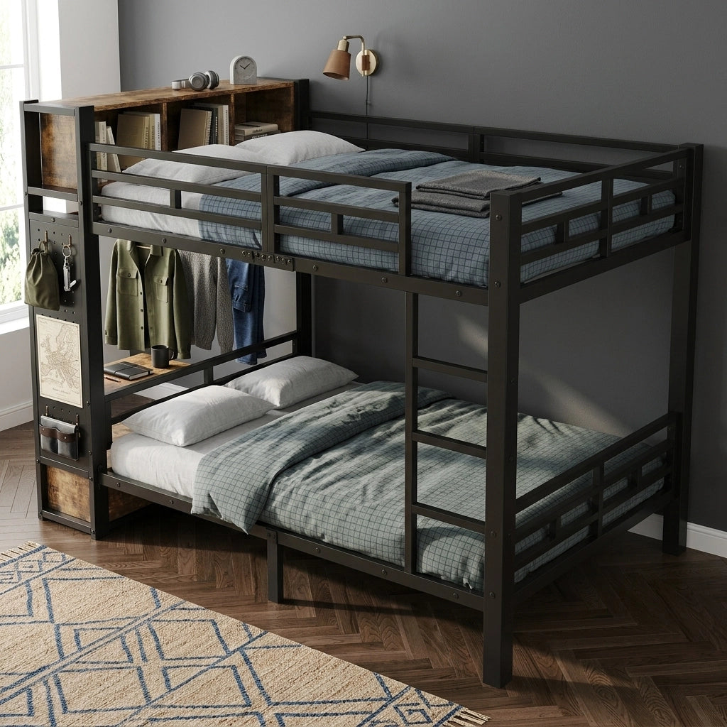 Letto a castello in metallo 120 x 200 cm con contenitore, appendiabiti, cassetto, pannello forato e vani aperti - Nero