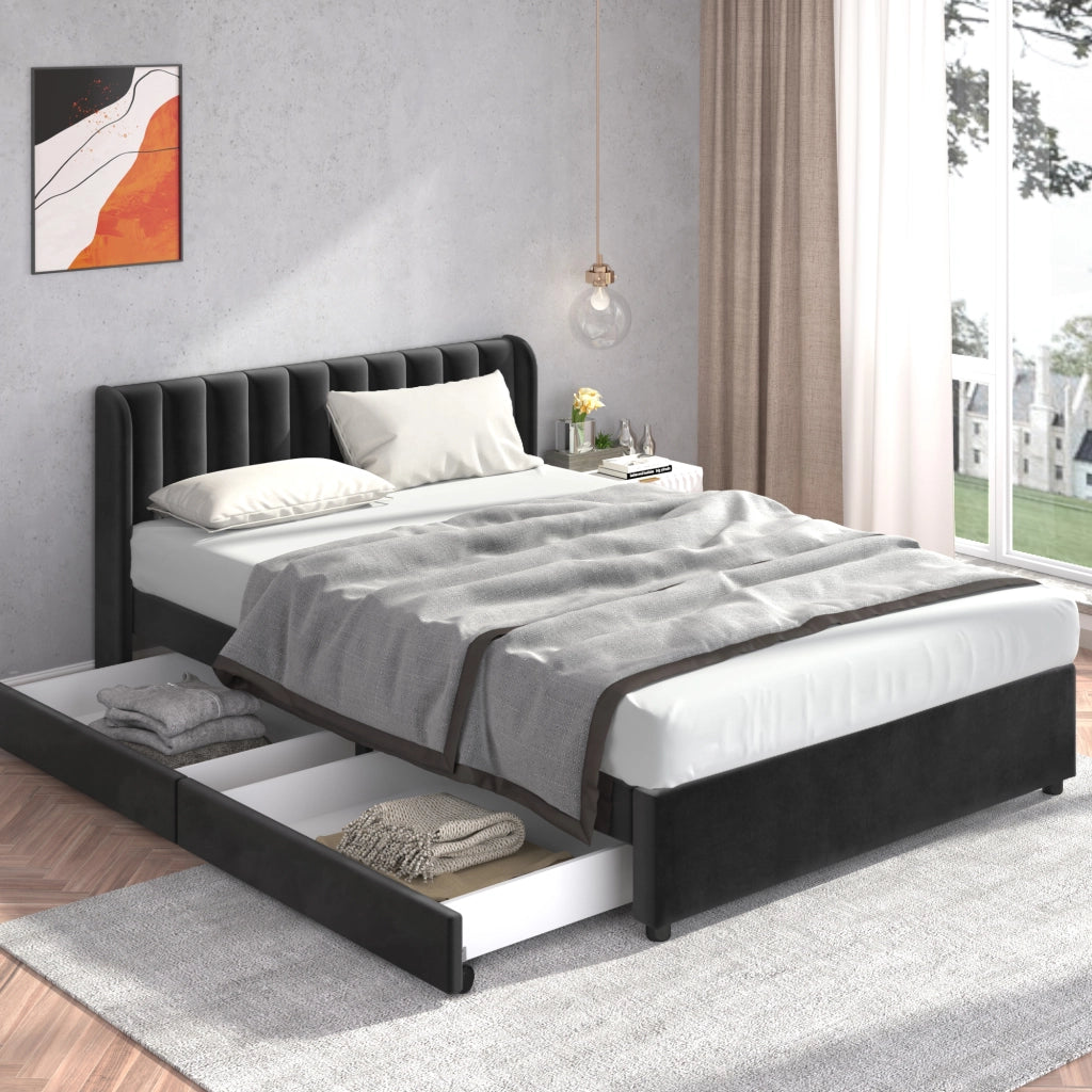 Letto con Cassetti 140x200 cm; Letto Matrimoniale - Testiera Alta e 2 Cassetti - Nero