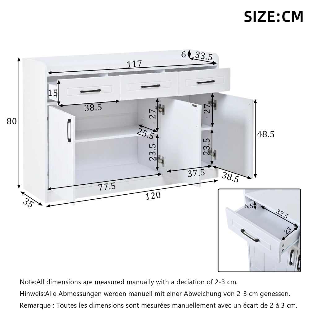Mobiletto bianco 120x35x80 cm con 3 cassetti e 3 ante, piano regolabile e design a righe