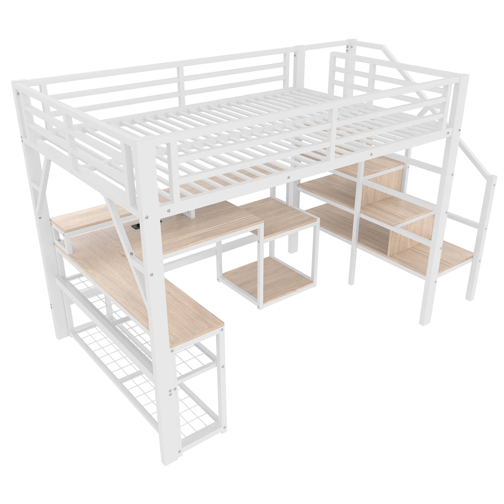 Letto castello 140x200 ferro ripiani scala ringhiere LED scrivania USB bianco
