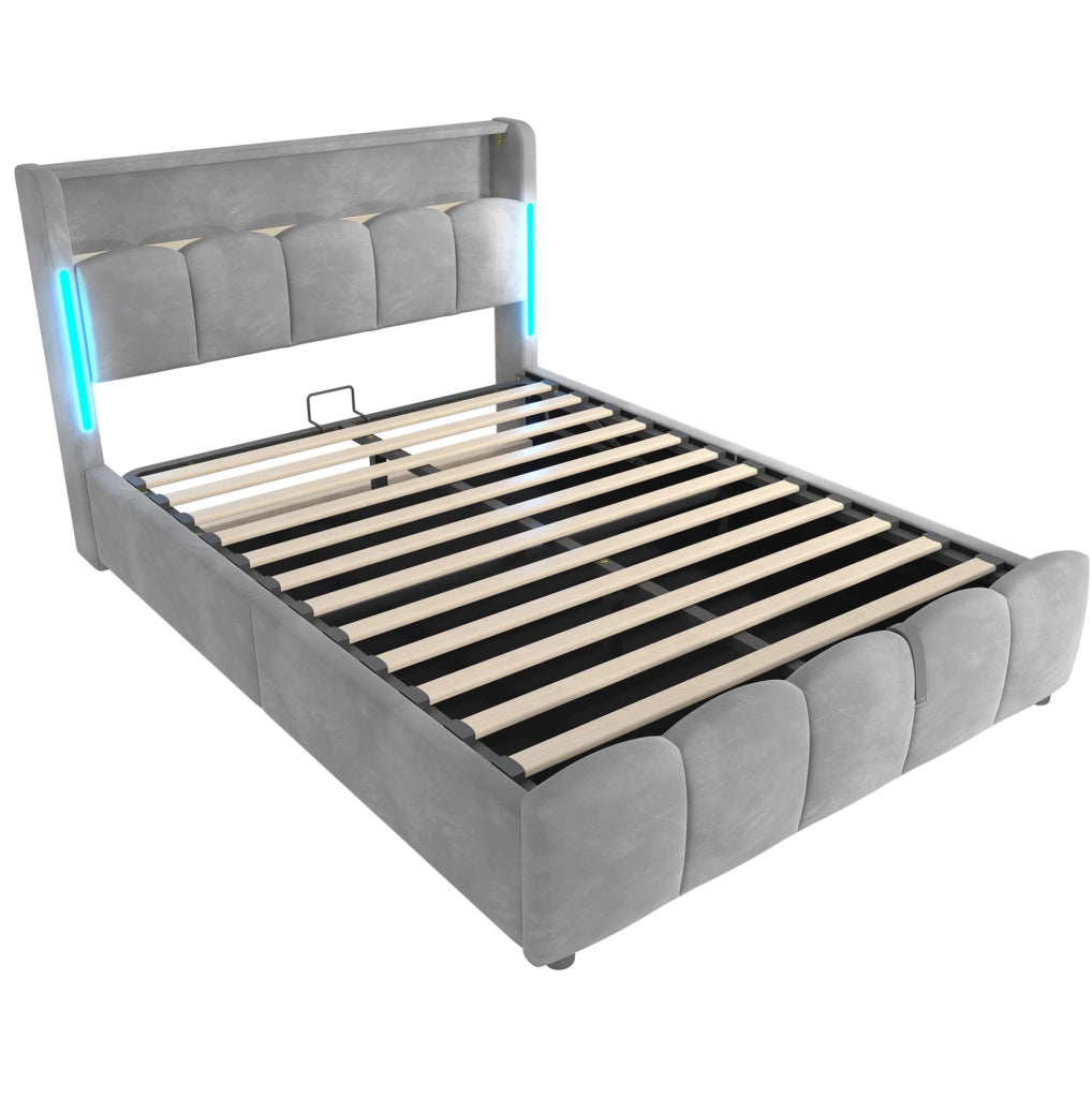 Letto imbottito in velluto grigio 140 x 200 cm con LED, vano contenitore e porte USB
