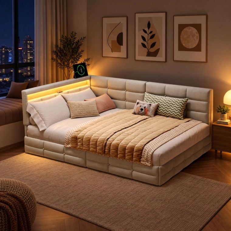 Divano letto multifunzionale 140x200; letto imbottito a L con LED e USB; Letto Matrimoniale con Rete a doghe e Testiera con Contenitore; Lino Beige
