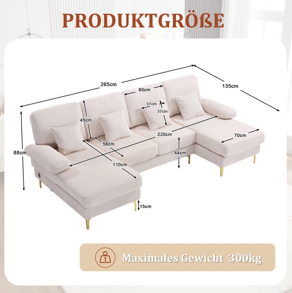 Divano a U in velluto beige con LED e porta USB