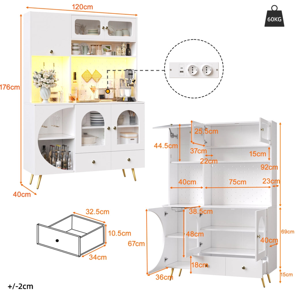 Credenza alta LED con prese USB e portabottiglie, bianca