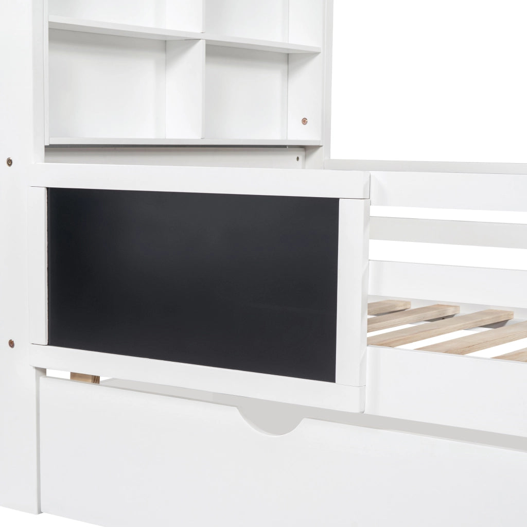 Letto per Bambini 90x200 cm con Lavagna; 2 Cassetti; Mensola e Sponda - Bianco