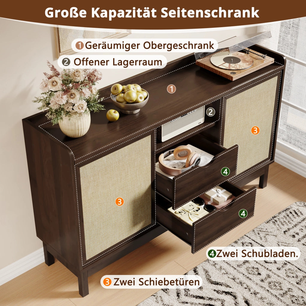 Credenza con ante scorrevoli, doppio cassetto e ripiani regolabili