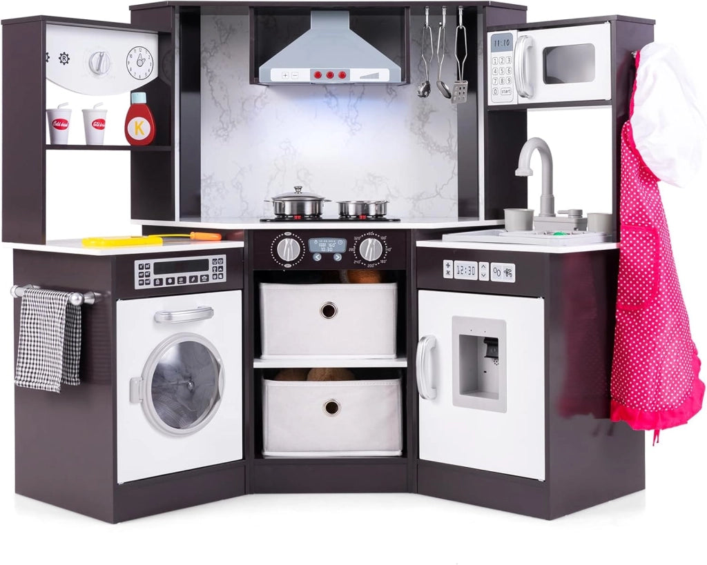 Set di Cucina Giocattolo per Bambini, con Luci e Suoni, Cappa Aspirante illuminata, Fornelli, Forno a Microonde, Distributore d'acqua e Lavatrice, Ideale per Bambini 3 Anni+ (Caffè)
