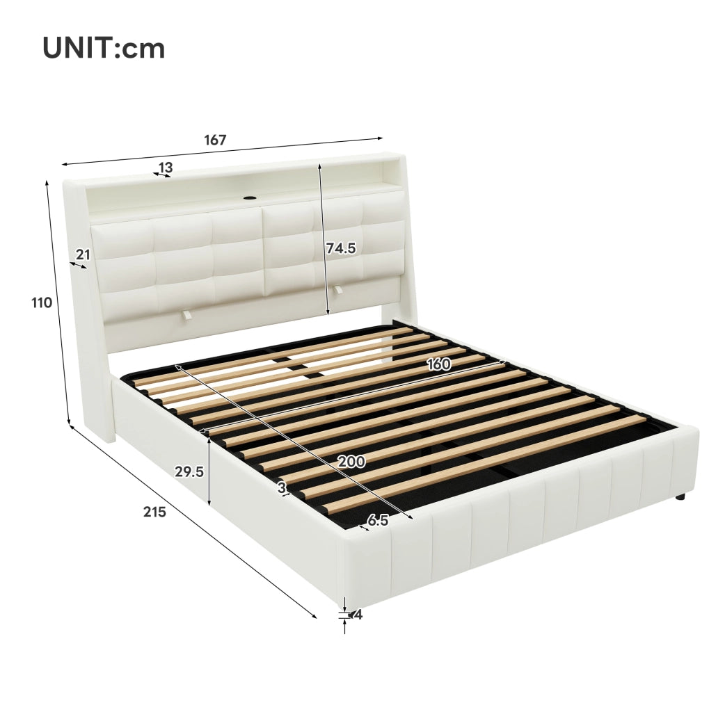 Letto contenitore 160x200 cm bianco con LED, USB e testiera regolabile