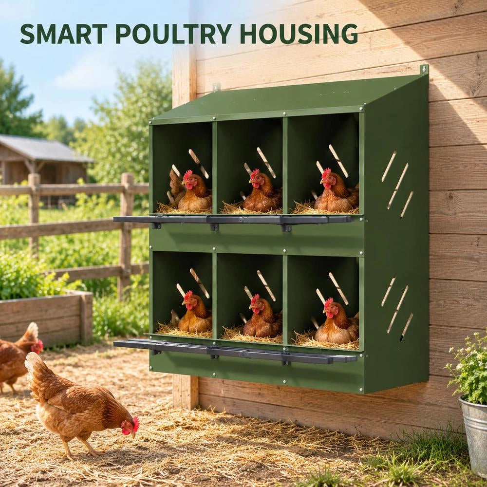 Chicken Nesting Box With 6 Compartments, Olive Green, Metal