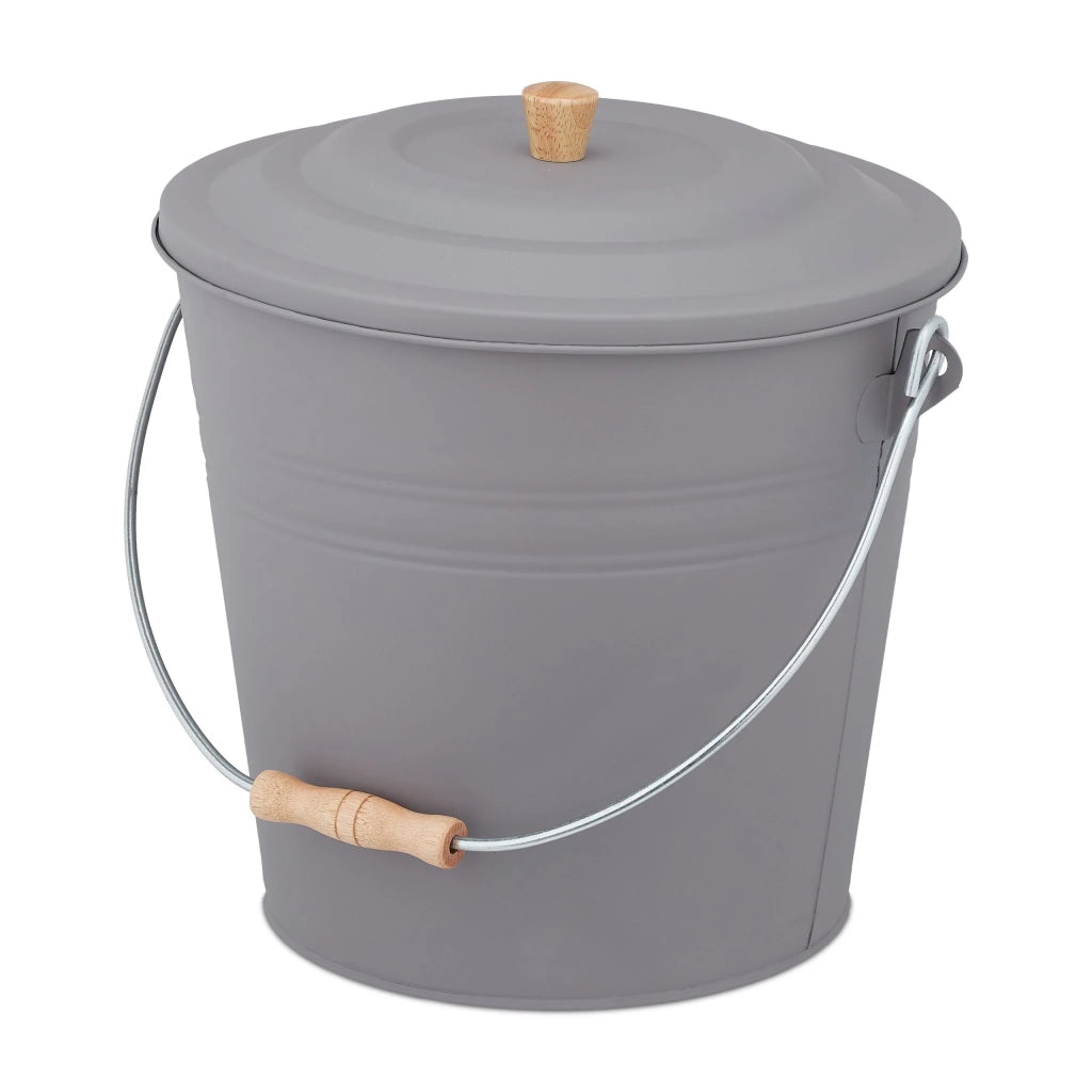 Secchio per ceneri tondo con coperchio 30 x 25 cm facilita pulizia camino barbecue stile moderno in lamiera grigia 13_0011400