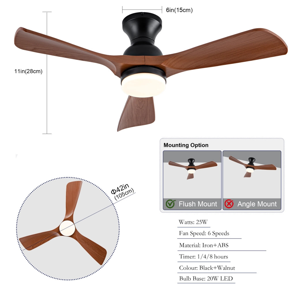 Ventilatore da soffitto 42 pollici con LED 3CCT, motore DC reversibile e telecomando noce e nero