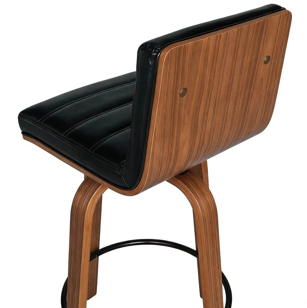 Sgabello da bar con schienale in similpelle nera e gambe in legno HOMVRA