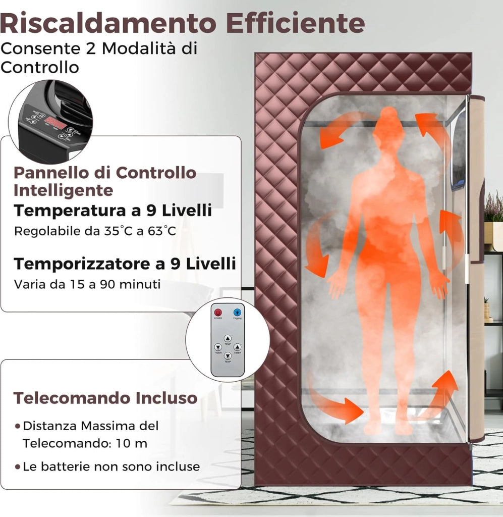 Sauna a Vapore Portatile 3L, Sauna da Casa con 9 Livelli di Regolazione della Temperatura da 35-63℃, Telecomando, Sedia Pieghevole e Massaggiatore per Piedi in Legno (caffè)