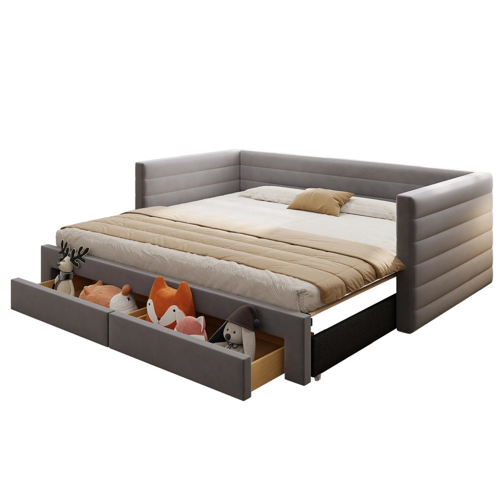 Divano letto 3 in 1 imbottito estraibile 90x190 cm in cotone e lino grigio; con cassetti