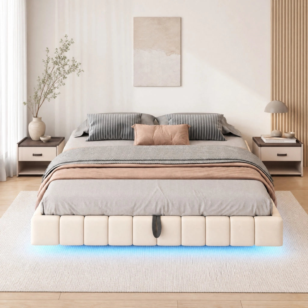 Letto imbottito sospeso 180x200 cm con contenitore e LED; beige