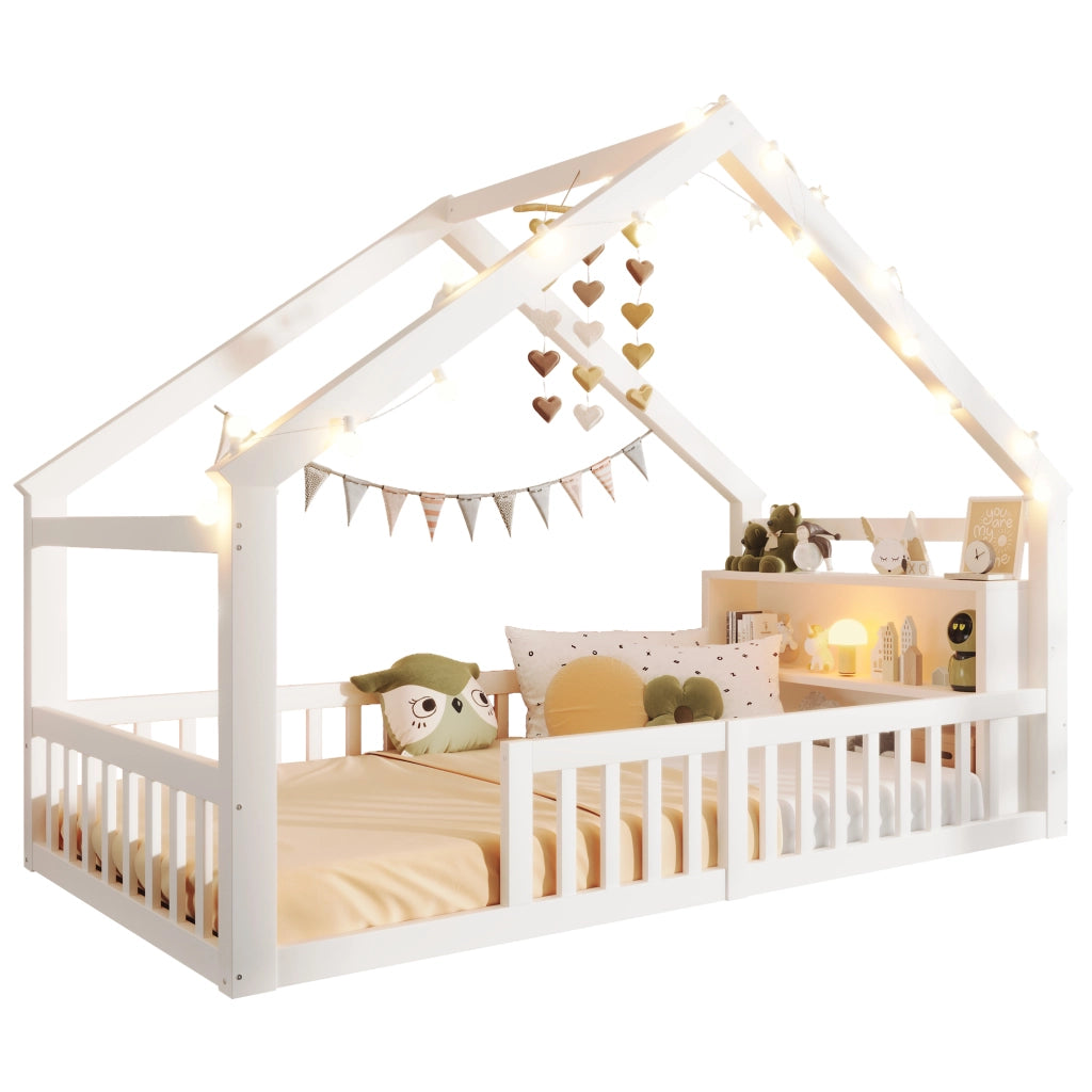Letto a casetta 90x190 cm bianco in pino con sponde; ripiani e luci LED