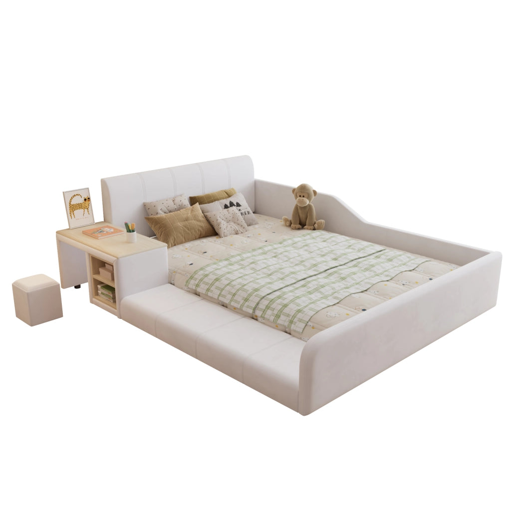Letto imbottito per bambini 140x200 cm con scrivania e sgabello, velluto bianco