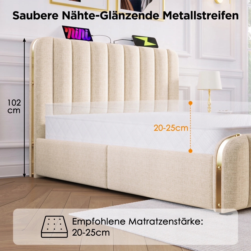 Letto imbottito 90x200 - Xylo - Beige, 4 cassetti, USB-C