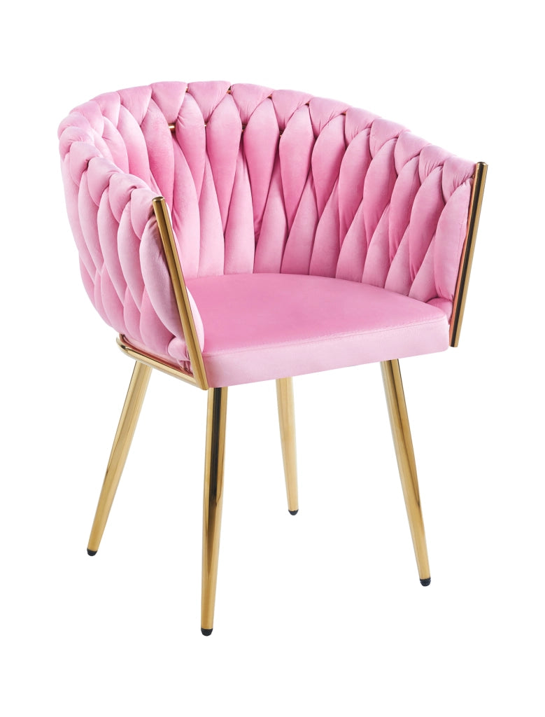 Poltrona Con Schienale In Velluto Intrecciato Design Moderno, Sedia Imbottita Circolare con Gambe in Metallo Placcato Oro Poltroncina  - Rosa Cipria