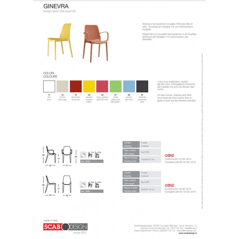 SET 4 SEDIE GINEVRA TECNOPOLIMERO CON BRACCIOLI SCAB DESIGN - Senape 22
