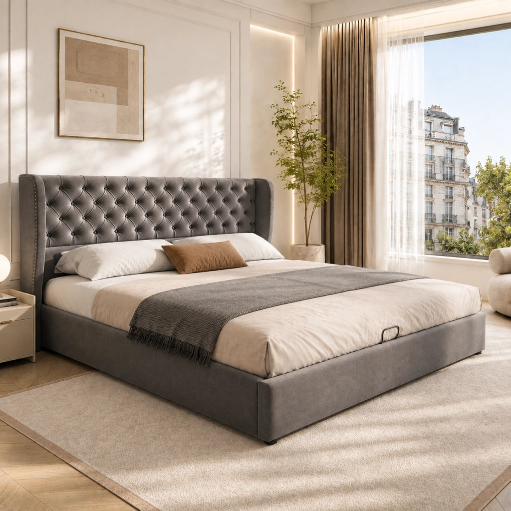 Letto matrimoniale 160x200 in velluto grigio con contenitore idraulico e testiera alta