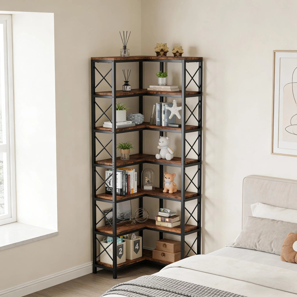 LIBRERIA Angolare 117x29x30 cm Metallo e Legno Nero e Marrone Rustico