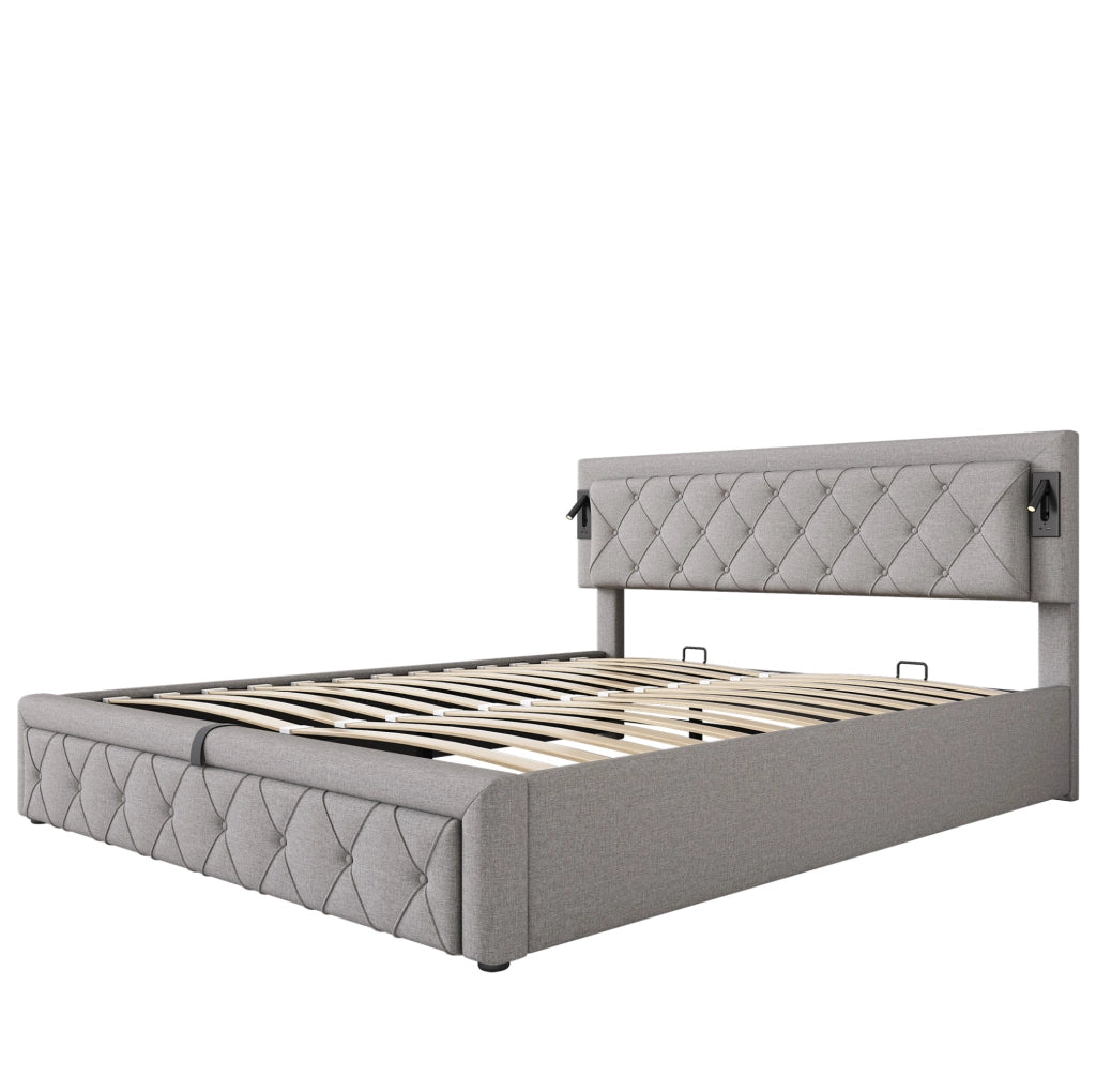 Letto imbottito contenitore idraulico con USB e downlight; lino grigio