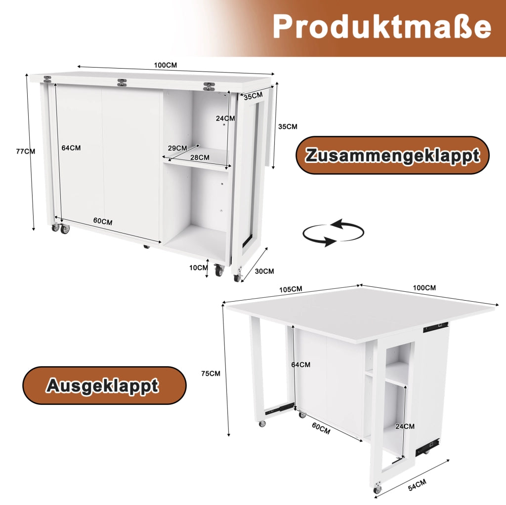 Tavolo pieghevole bianco multifunzione con ruote bloccabili a 360°, ideale come isola da cucina, tavolo da pranzo e mobile con ampio spazio contenitivo