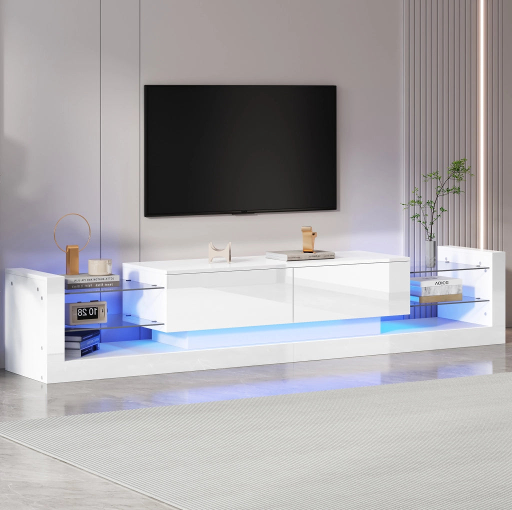 Mobile TV moderno 181 cm con LED; frontale in vetro e 2 cassetti ribaltabili; bianco