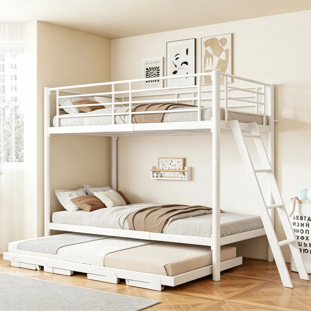 Letto a castello 3 posti 90 x 200 cm, con letto estraibile, posto letto estensibile 180 x 200 cm, soluzione salvaspazio in metallo bianco