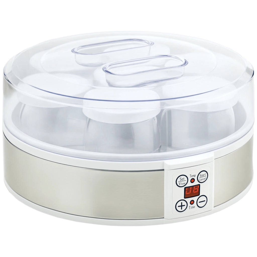 Yogurtiera Elettrica 20W da 1.5L con 7 Vasetti in Vetro e Display, in Acciaio Inox e Plastica, per Uso Domestico, 24x24x13 cm, Bianca