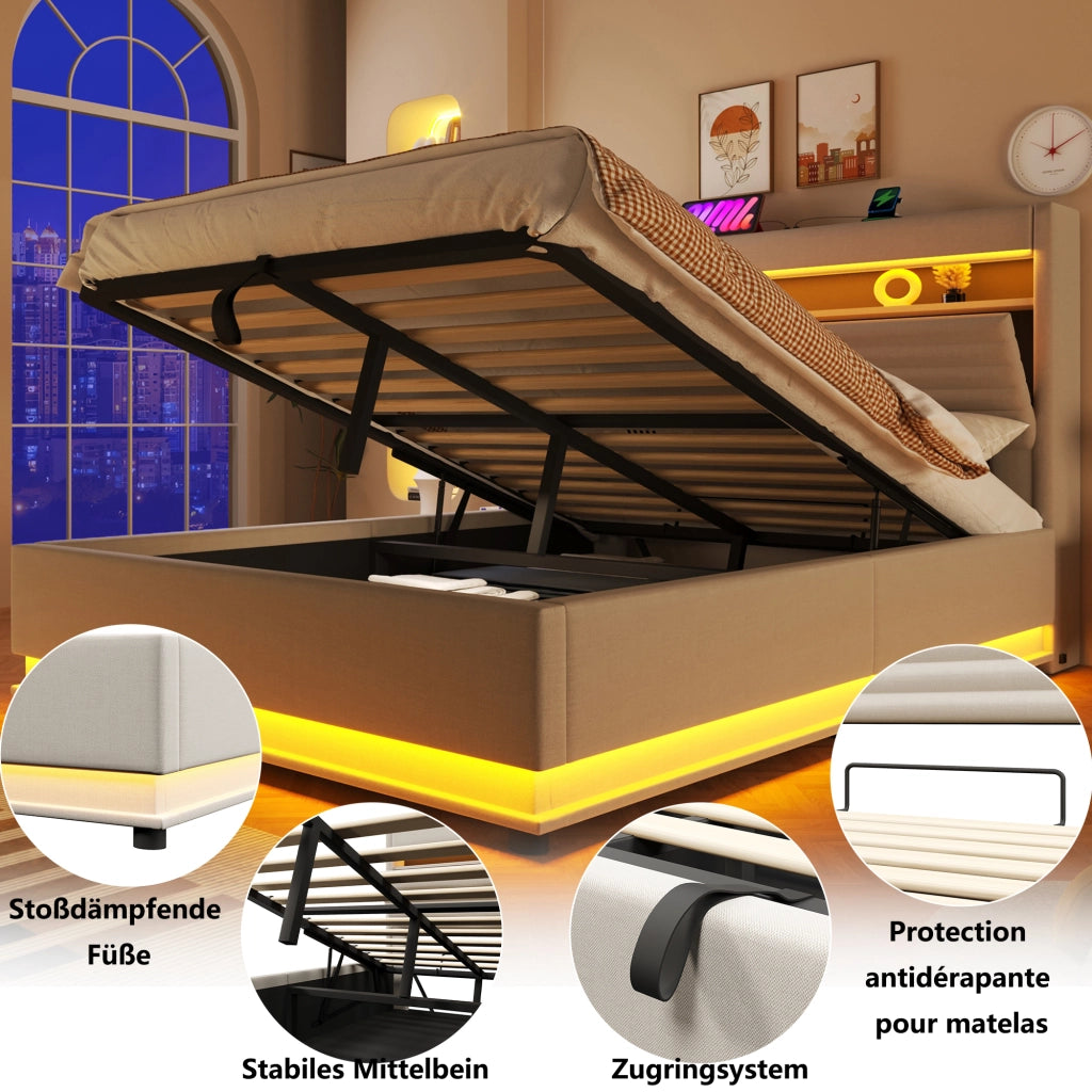 Letto contenitore 140 × 200 cm con LED USB e USB Type-C testiera imbottita in lino beige