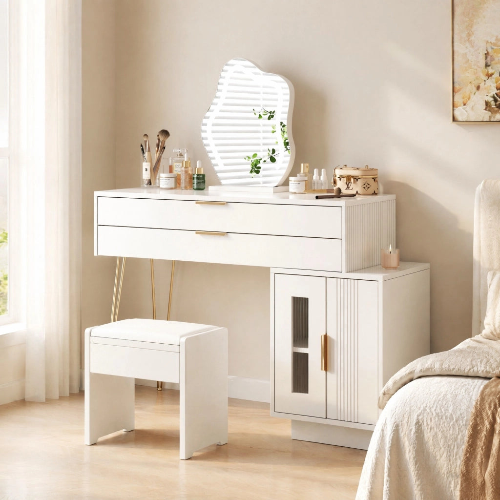 Tavolo da trucco bianco con specchio LED e cassetti capienti