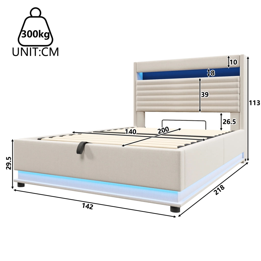 Letto contenitore 140 × 200 cm con LED USB e USB Type-C testiera imbottita in lino beige
