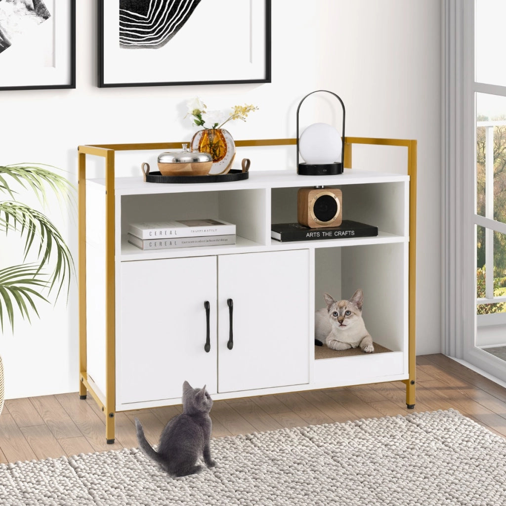 Albero gatti 197cm legno amache e toilette gatti cartone graffi, Albero per gatti e toilette nascosta gatti doppie porte