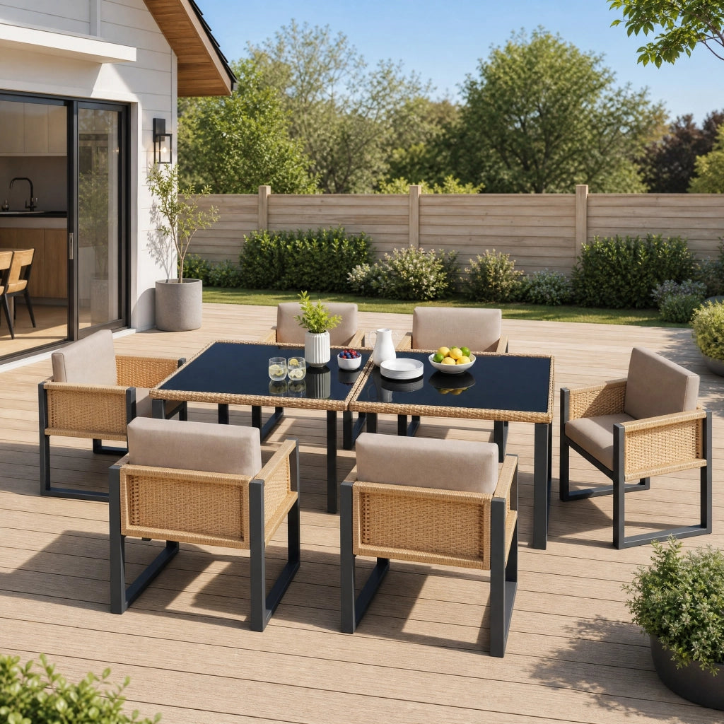 Set da pranzo da giardino 7 pezzi in rattan PE; tavolo 170 x 80 cm; nero e marrone