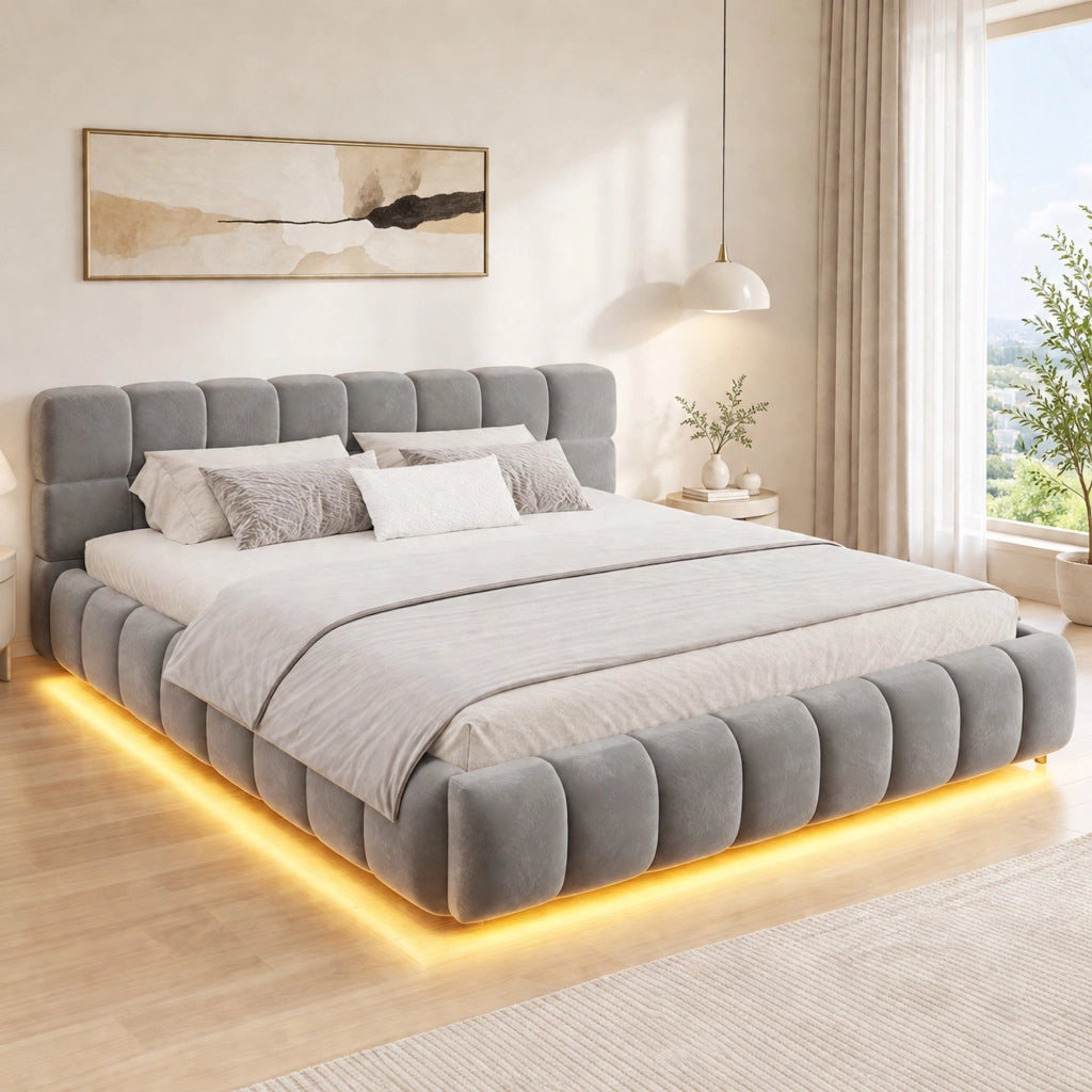 Letto matrimoniale imbottito 160 × 200 cm con contenitore idraulico LED in velluto grigio con rete a doghe