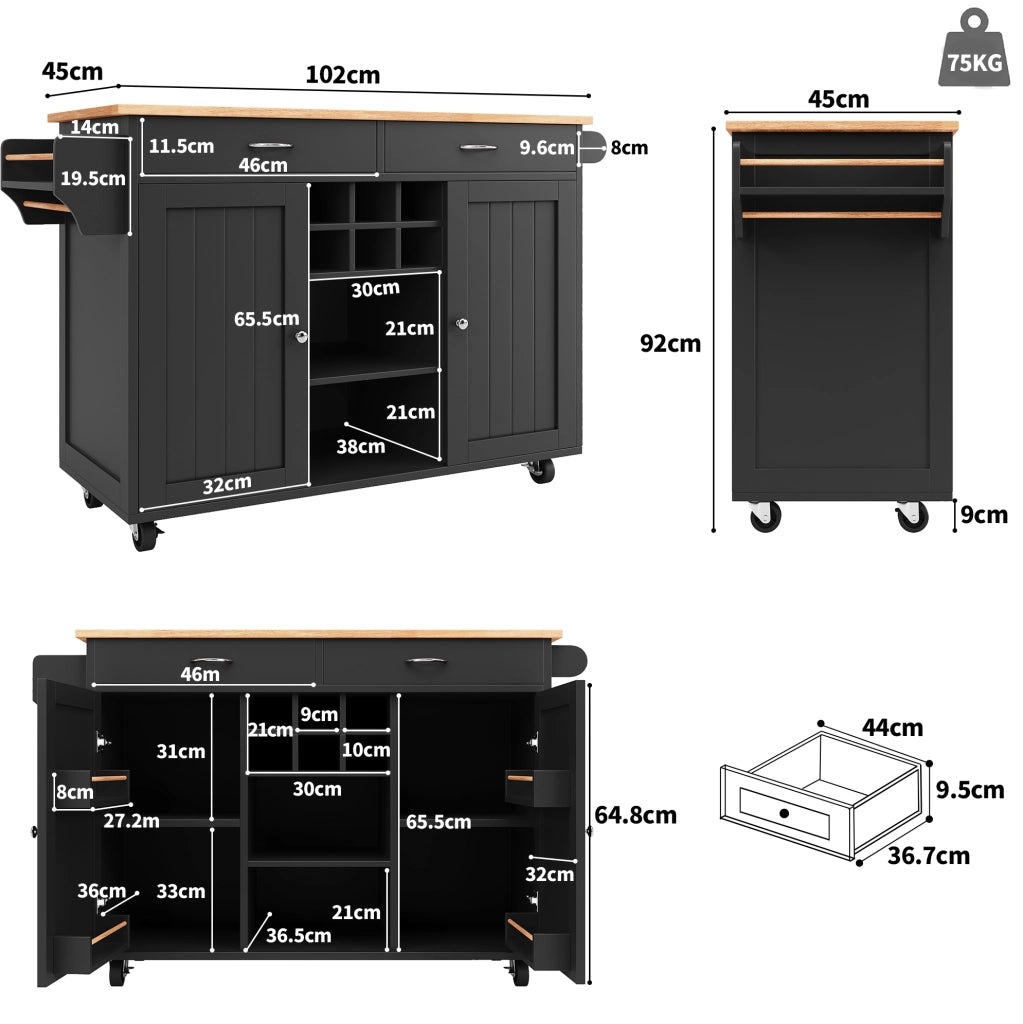CARRELLO CUCINA 102x45x92 cm Nero in MDF e Metallo