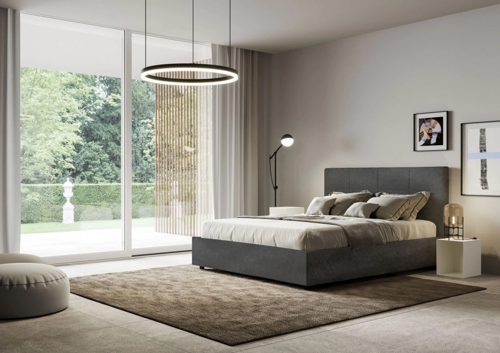 BS COM Letto una piazza e mezza con rete imbottito 130x190 microfibra grigio