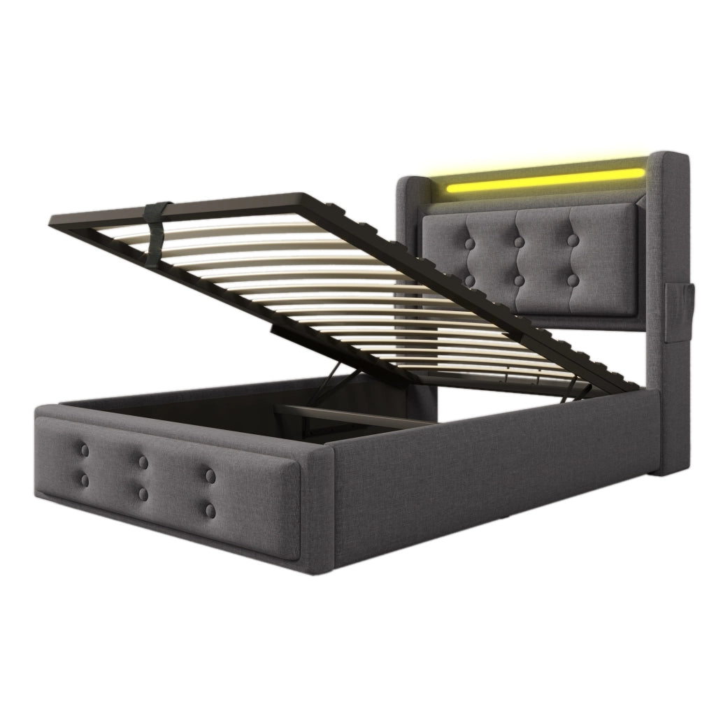 Letto singolo imbottito 90x200 cm con testiera LED e contenitore