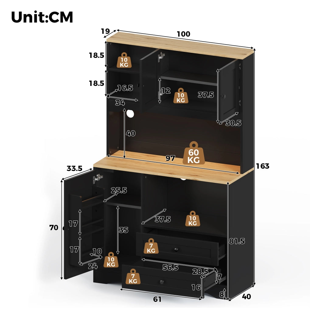 Mobile dispensa da cucina 100x40x163 cm con LED, prese e USB in MDF nero