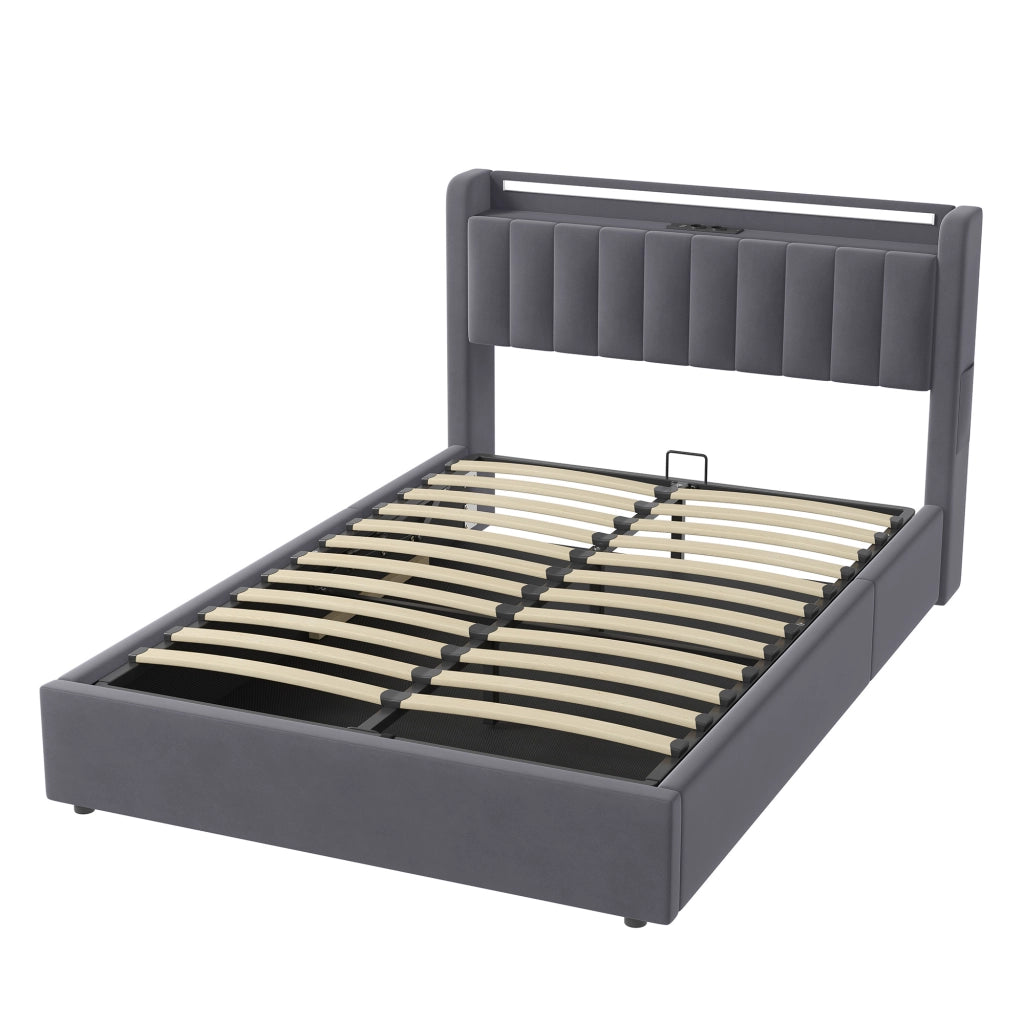 Letto imbottito 140x190 cm in velluto grigio scuro con contenitore, USB e luce d'atmosfera integrata elegante.