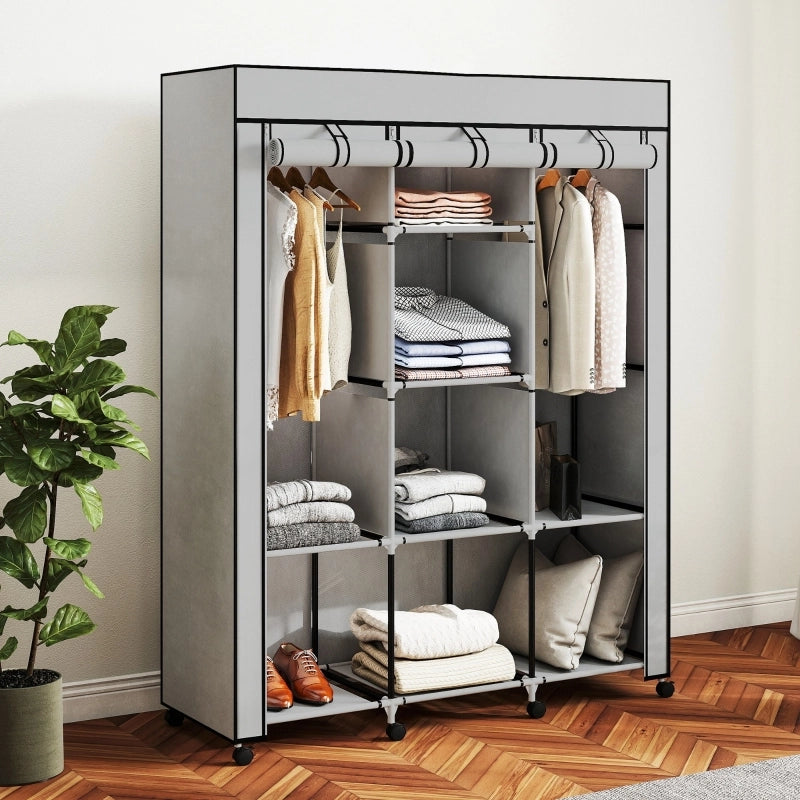 Armadio 125x43x162.5 cm con 8 ripiani e 2 appendiabiti in tessuto grigio chiaro