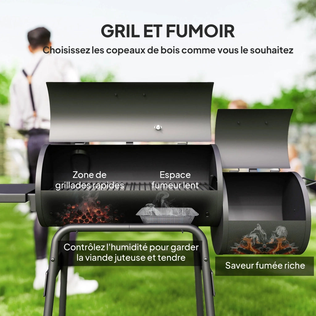 Barbecue a carbone affumicatore a piantana 124 x 53 x 108 cm termometro integrato ruote pratiche industriale in acciaio nero 21_0004388