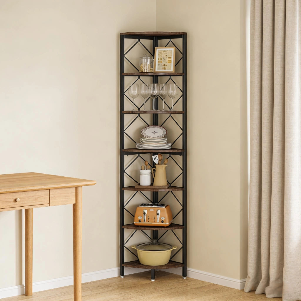 Libreria angolare a 7 ripiani con kit antiribaltamento, design salvaspazio per studio, in metallo e legno, nero e marrone