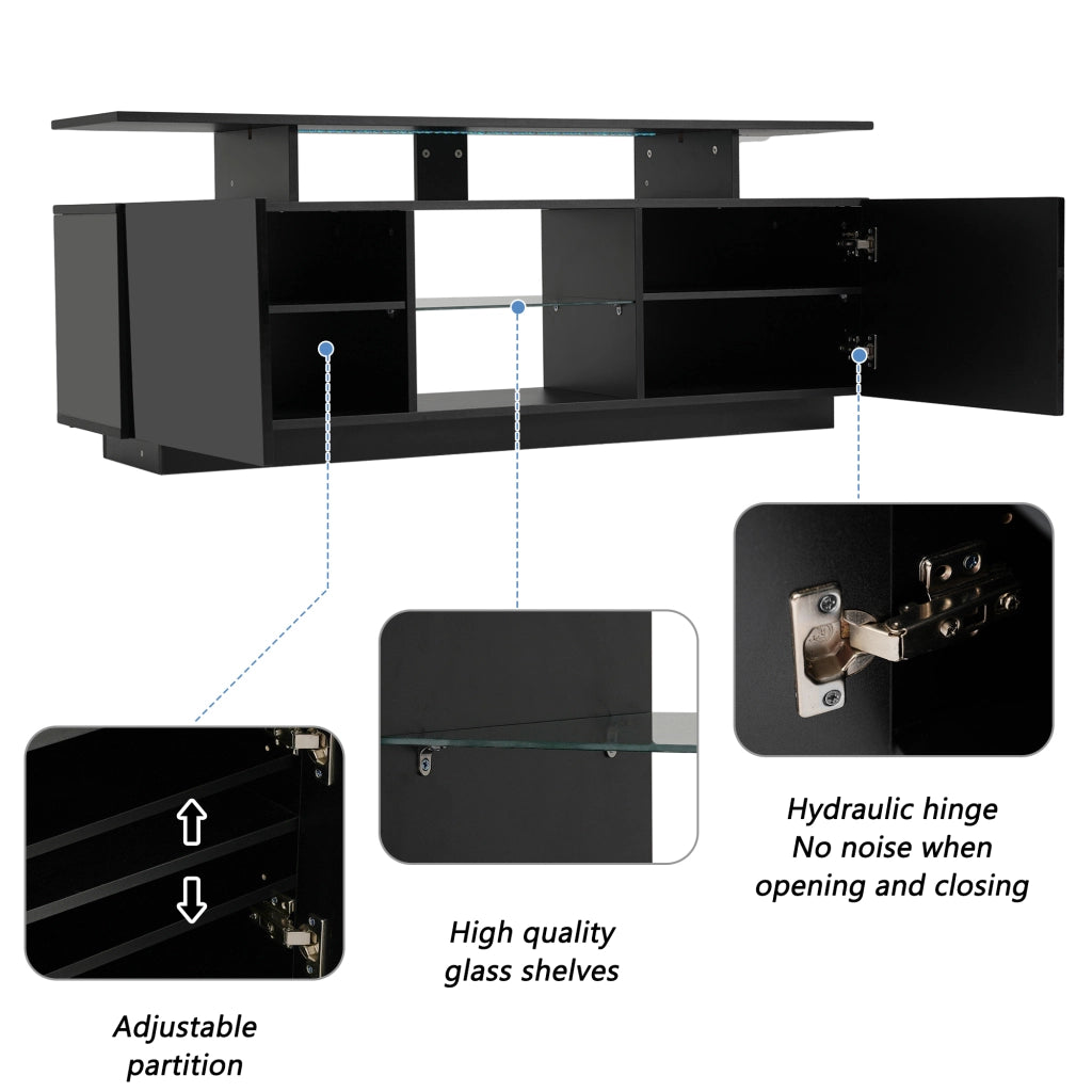 Mobile TV con 2 Ante e 5 Vani Aperti; LED controllato da App; per Soggiorno; in Pannelli di Particelle; 140 × 35 × 55 cm; Nero