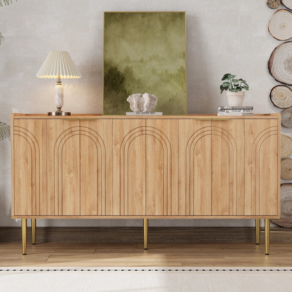 Madia a 4 ante con ripiani regolabili in MDF naturale e gambe in ferro dorato per soggiorno 140 × 38 × 75 cm