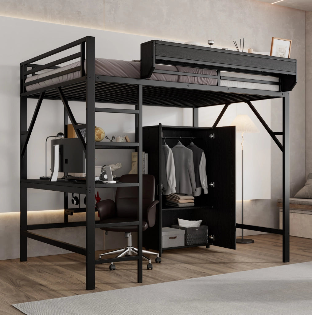 LETTO A CASTELLO 140x200 cm Nero in MDF e Metallo con scrivania e armadio