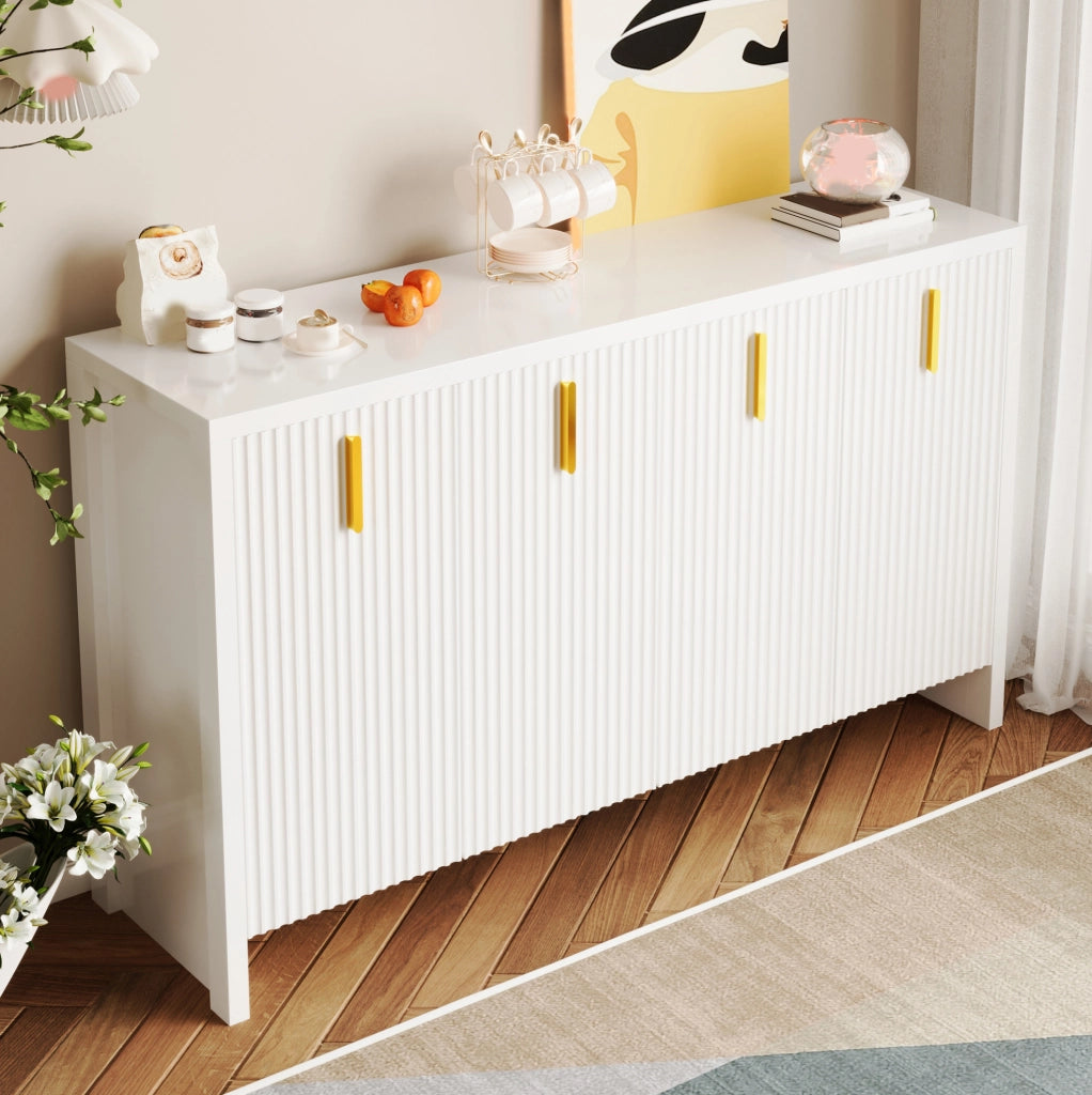 Sideboard bianco moderno con maniglie dorate e ripiani regolabili, 140x38x80 cm